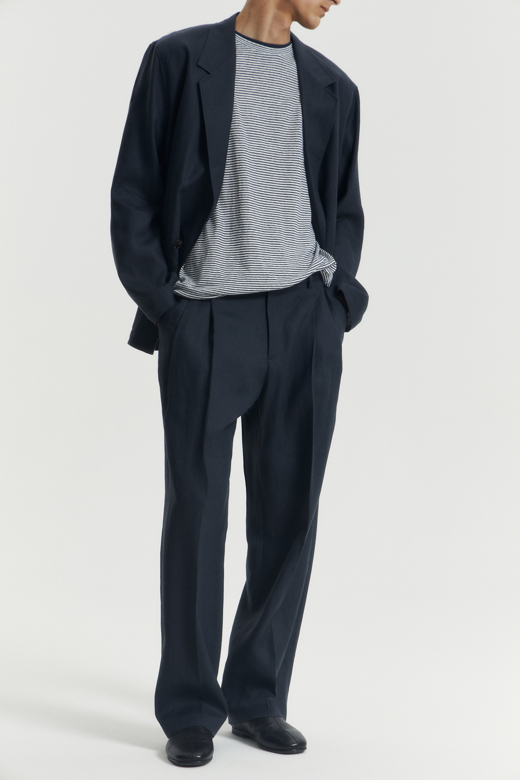 Двубортный блейзер изо льна темно синий цвет - LIME